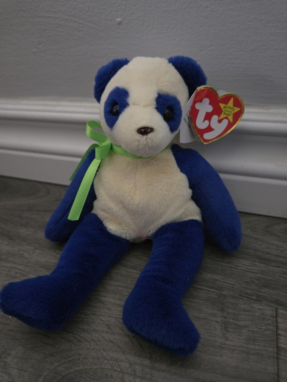 Ty Blue and Cream Panda Plush with Green Ribbon "Domino"